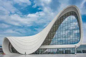The iconic Heydar Aliyev Center with its sleek curves in Baku, Azerbaijan.