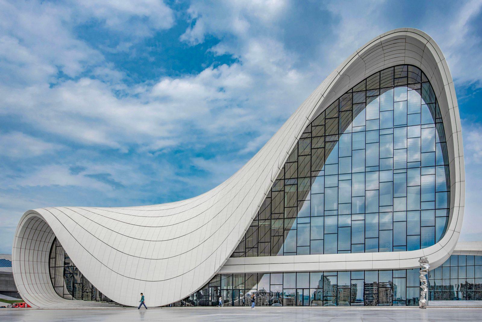 The iconic Heydar Aliyev Center with its sleek curves in Baku, Azerbaijan.